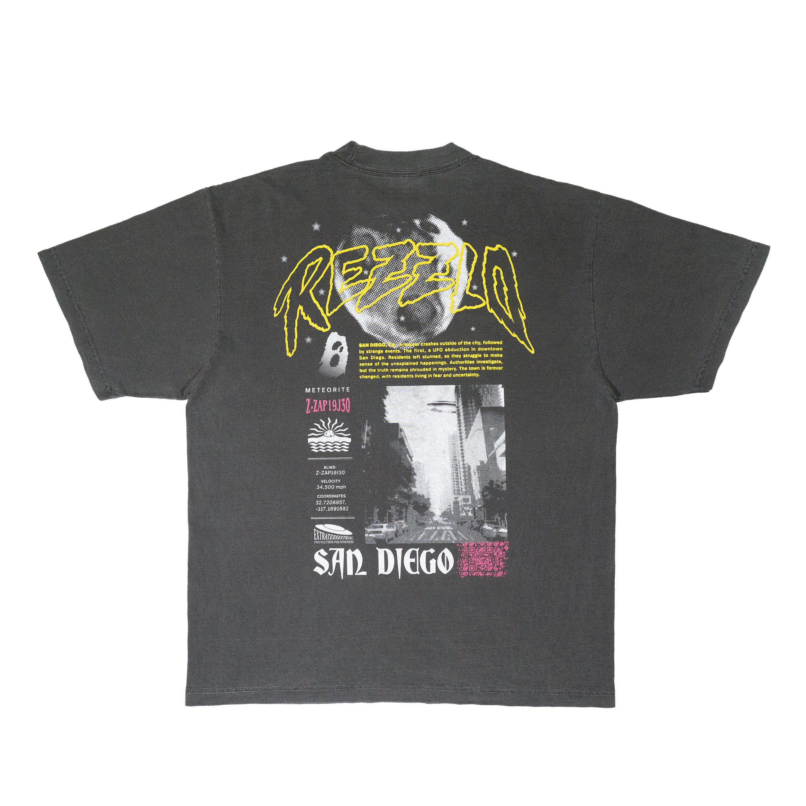 Gray t-shirt with hand screen printed design of a UFO in San Diego - Back