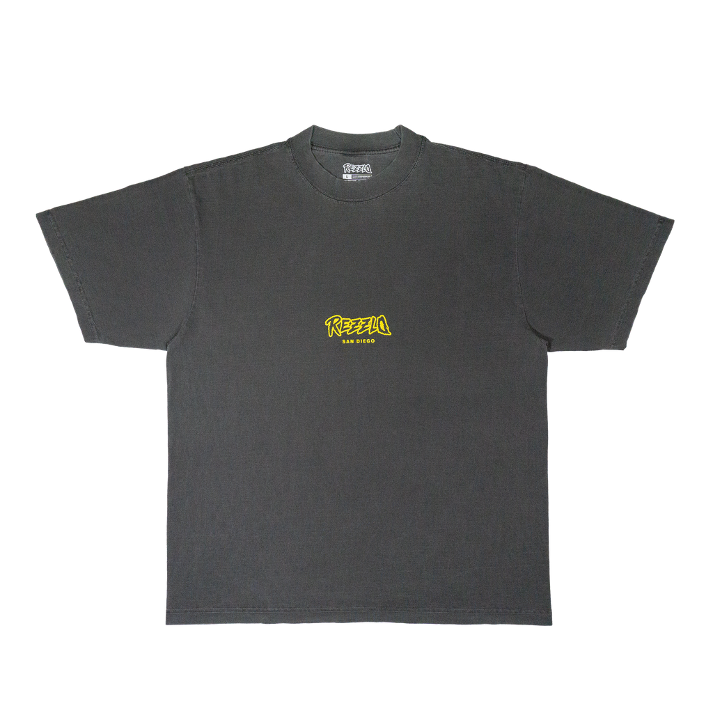 Gray t-shirt with a yellow Rezzlo logo hand screen printed - Front
