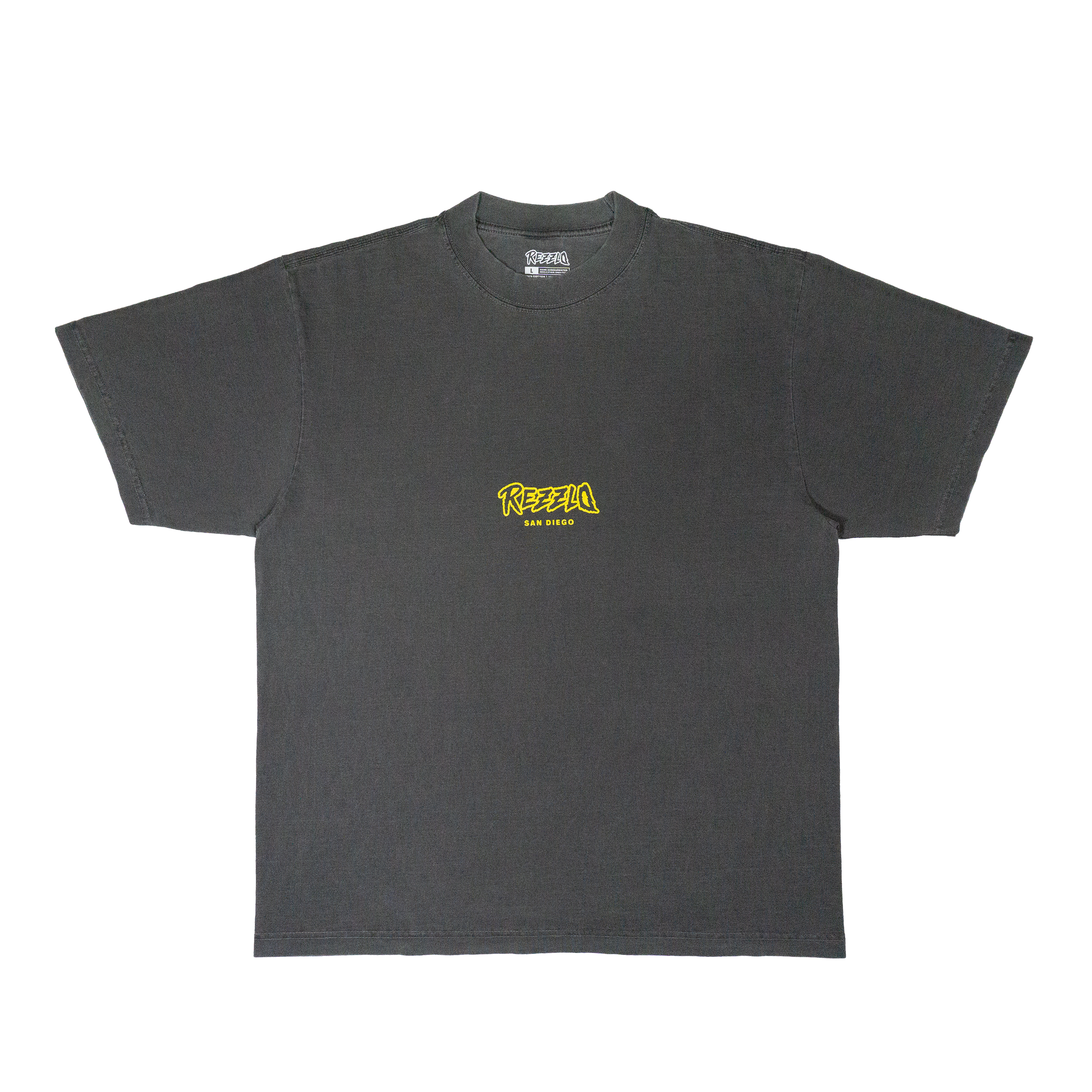 Gray t-shirt with a yellow Rezzlo logo hand screen printed - Front