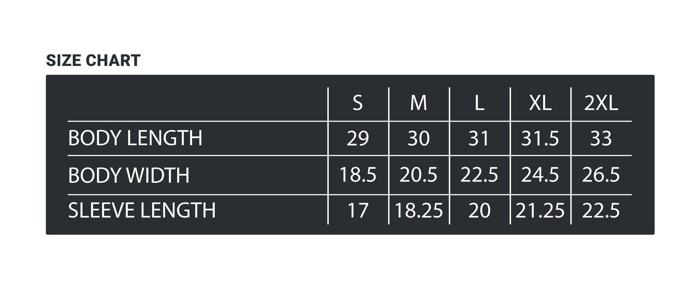 Size chart for clothing with dimensions in centimeters