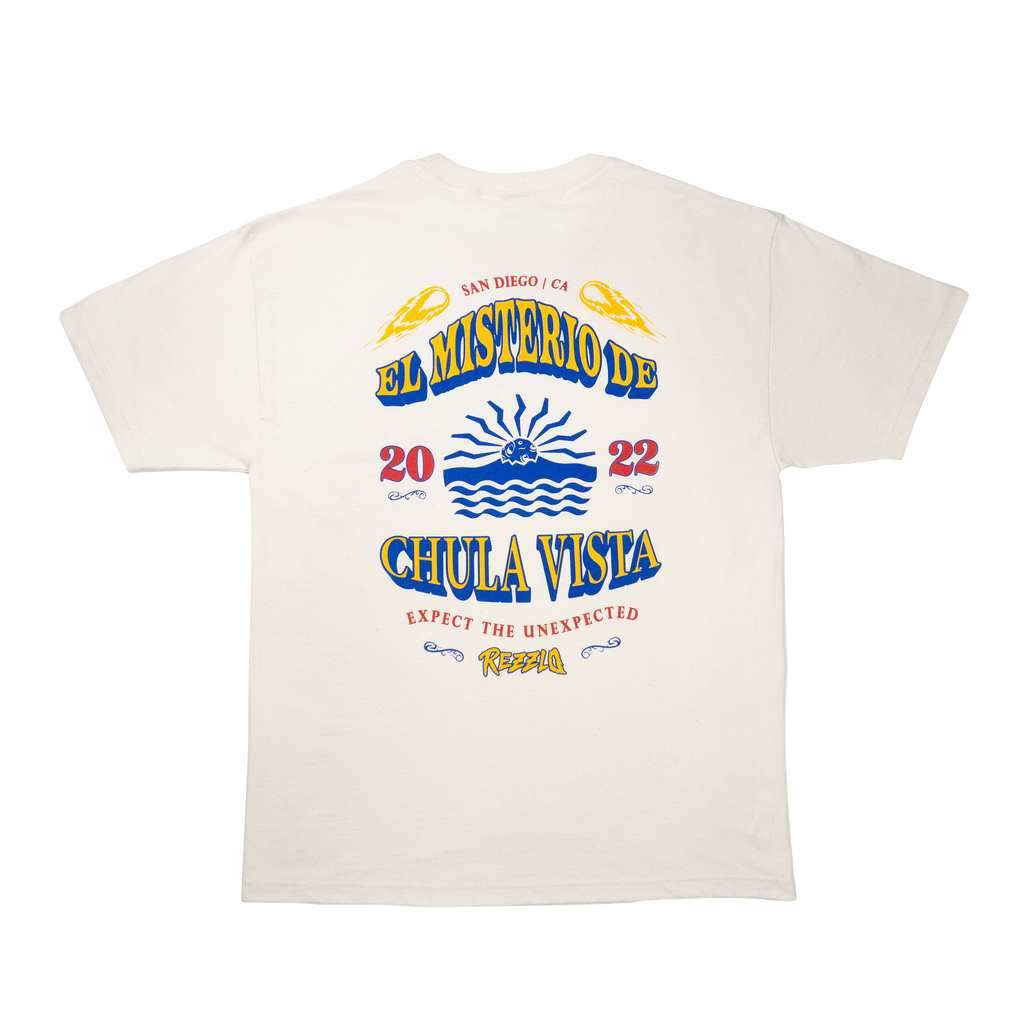 Cream t-shirt with colorful graphic design on a white background