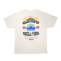 Cream t-shirt with colorful graphic design on a white background