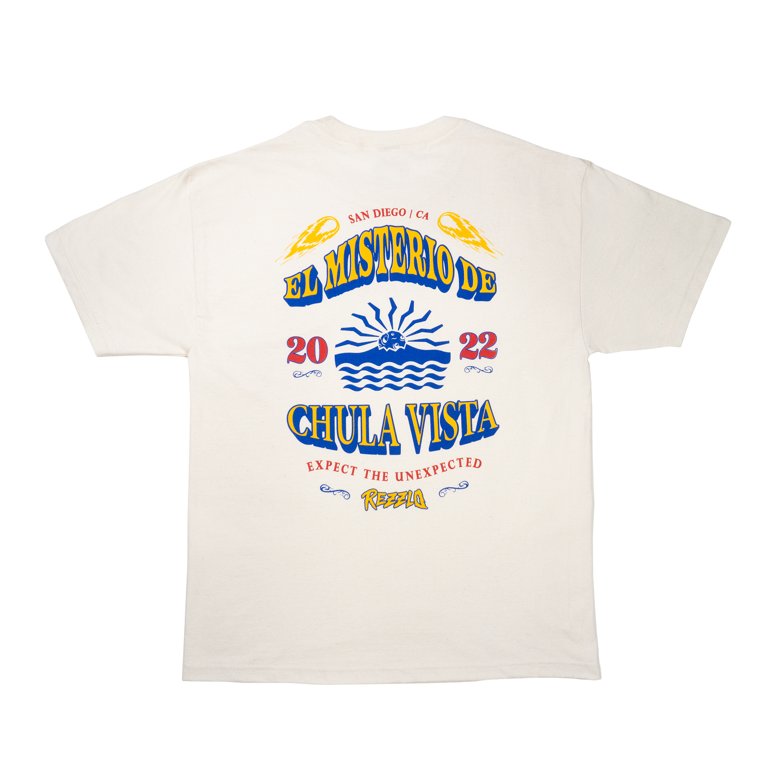 Cream t-shirt with colorful graphic design on a white background