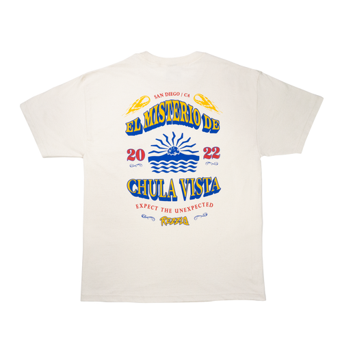 Cream t-shirt with colorful graphic design on a white background