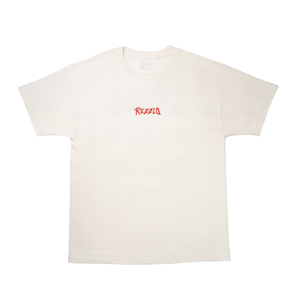 Cream t-shirt with red text on a white background