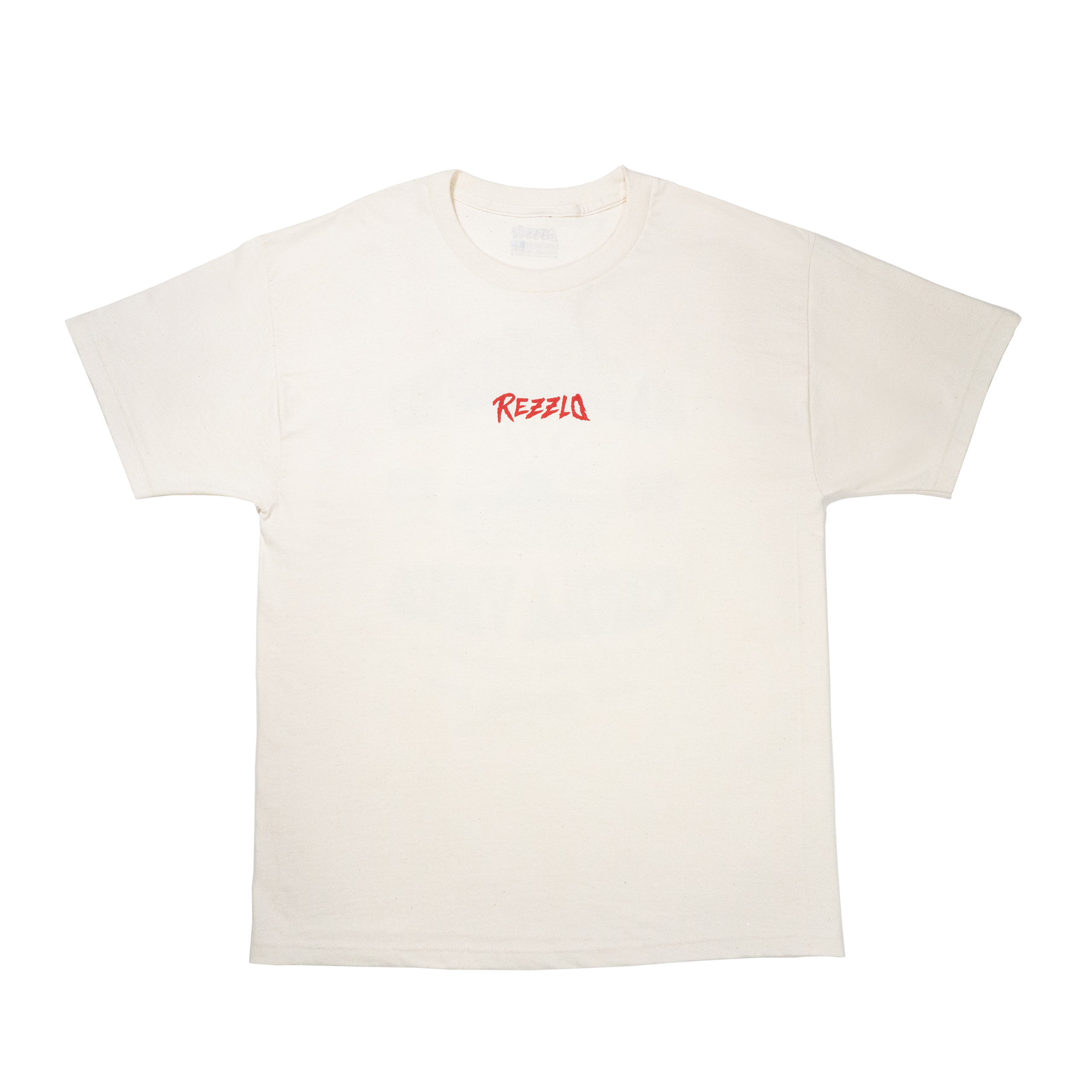 Cream t-shirt with red text on a white background