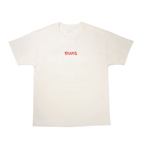 Cream t-shirt with red text on a white background